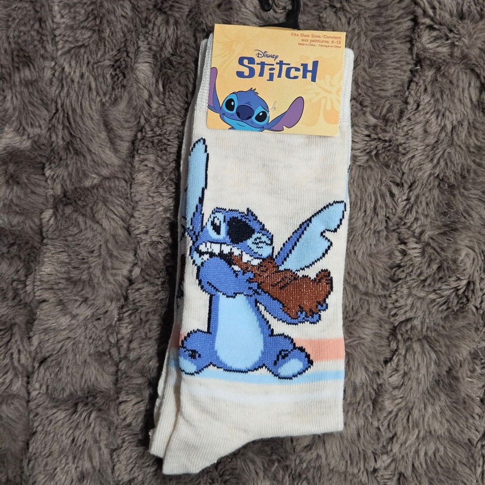 Disney Stitch Crew Socks Mens Womens Size 6-12 Cream Blue Easter